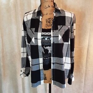 Women's Black & White Plaid Cotton Button Down Shirt Sz XS Layer or Alone